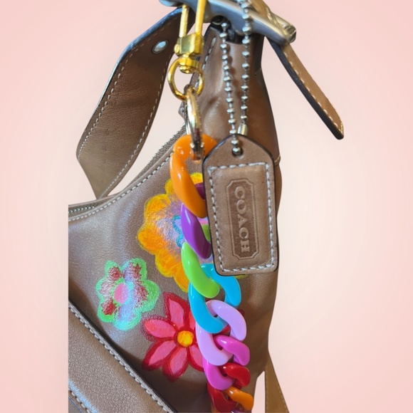 Coach C33-9566 Brown Leather Hobo Hand-Painted Upcycled Retro Floral Bag Art - Picture 5 of 13